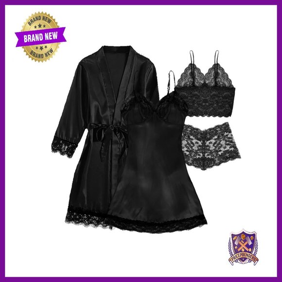 Silk Satin Pajama Set 4-Piece Robe Lingerie Sleepwear Lounge